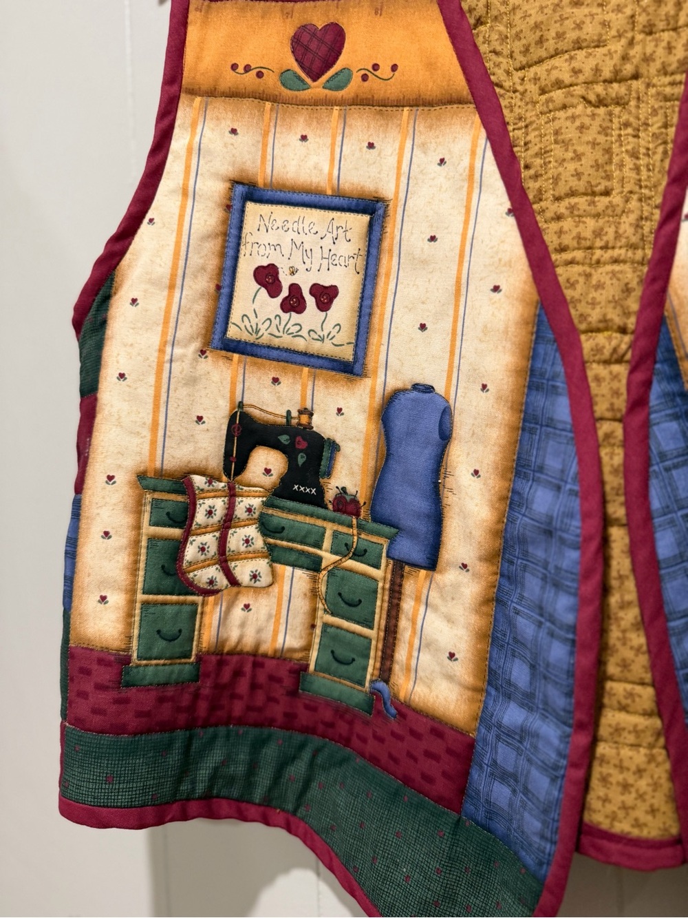 Quilted Folk Art Patchwork Vest in Burgundy and Mustard - Picture 2 of 6